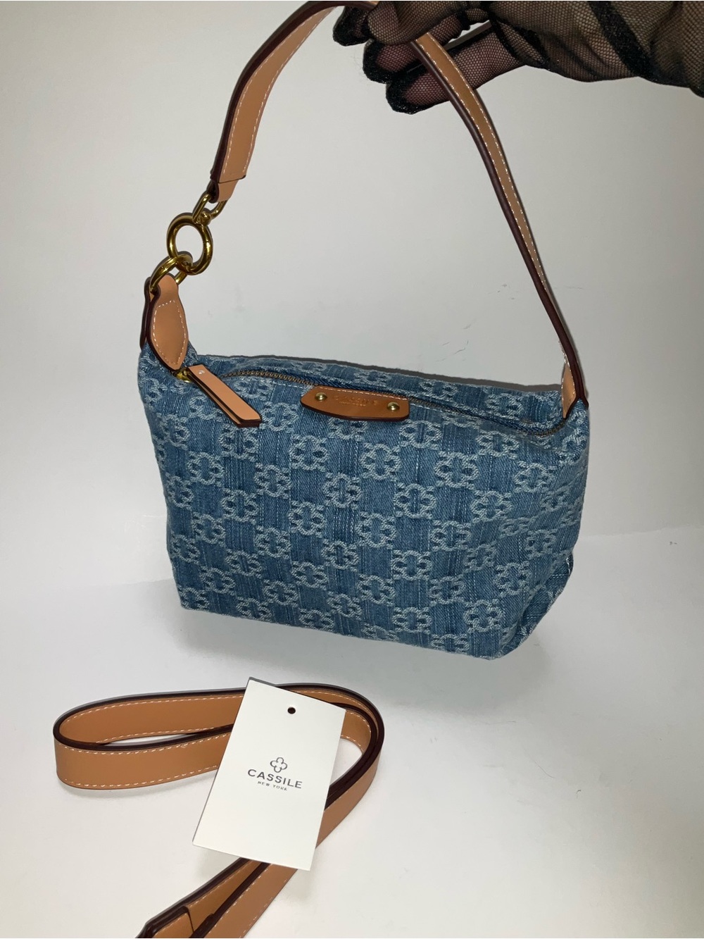 CASSILE New York Light Blue Denim Handbag Tan PU Leather Trim Designer print